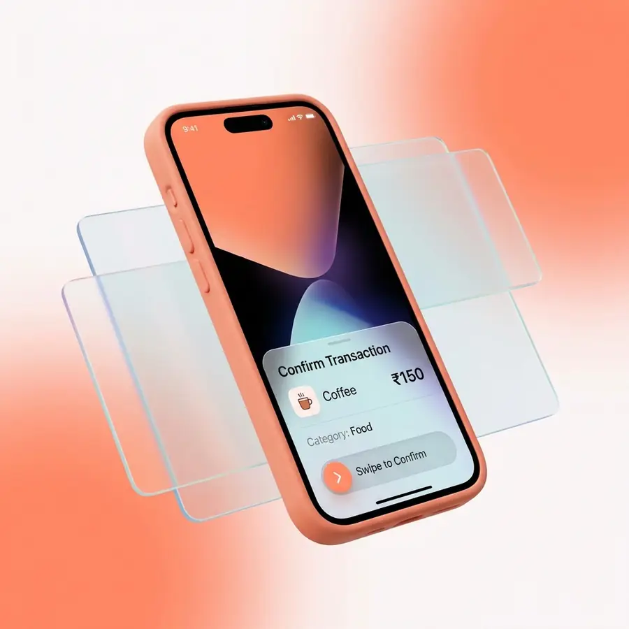 The Finnri app showing a Confirm Transaction card — Coffee, ₹150, category Food — waiting to be swiped to confirm